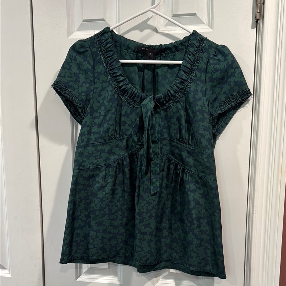 Marc Jacobs Green Flutter Sleeve Blouse with Tie Front, side zipper